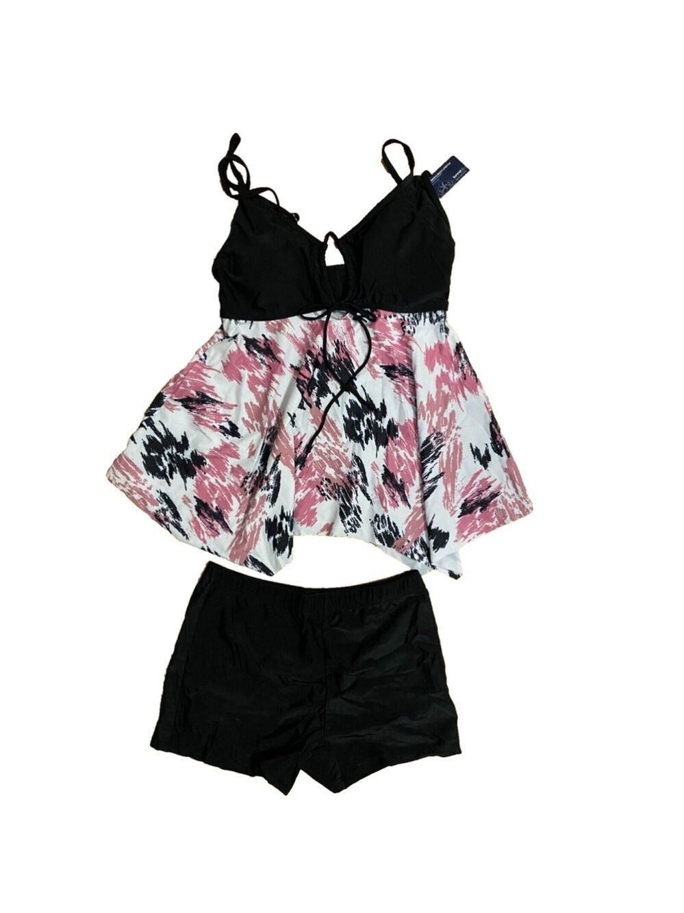 Summer Mae Women's Two Piece Swimdress Tankini Black Top Flowy Hem Size Medium
